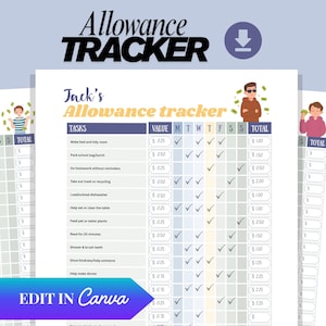 May include: A printable allowance tracker with the title "Allowance TRACKER" at the top. The tracker is designed for Jack, with columns for tasks, values, and days of the week. The bottom left corner has the text "EDIT IN Canva".