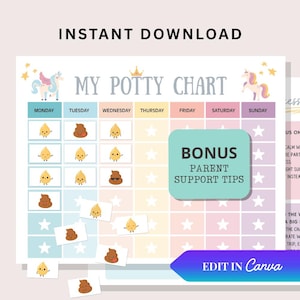 May include: A colorful potty training chart with the text "MY POTTY CHART" and "INSTANT DOWNLOAD". The chart features a unicorn graphic, a crown, and spaces for each day of the week. Includes bonus parent support tips.