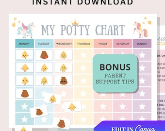 Tabla de entrenamiento para ir al baño imprimible para niños, sistema de pegatinas de recompensa, divertido unicornio para niña, rastreador de rutina de entrenamiento para ir al baño para niños pequeños, tabla de entrenamiento para ir al baño para preescolar