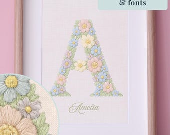 Arte de pared con letras florales bordadas personalizadas, imprimible con nombre y opciones de fuente, decoración de guardería editable, idea de regalo personalizada para habitación de niña.