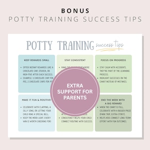 Potty training success tips page included with chart printable, featuring parent-friendly advice for stress-free potty training.