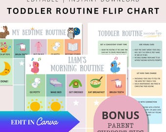 Op de afbeelding: Een afdrukbare routine flip chart voor peuters met illustraties voor ochtend- en avondactiviteiten. Bevat de tekst "Liam's Morning Routine" en "My Bedtime Routine". De kaart heeft ook de tekst "Edit in Canva".
