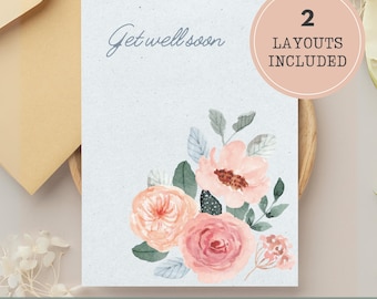 Pastel watercolor floral get well soon card A4 letter template printable design card portrait landscape sick greeting card instant download