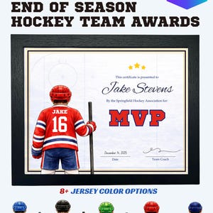 Certificat de récompense de hockey imprimable pour enfants, équipe de jeunes, banquet de fin de saison, modèle sur toile modifiable, cadeau pour entraîneur, tournoi MVP, personnalisé