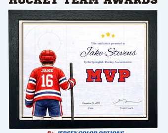 Plantilla editable de premio para equipo de hockey (Canva), certificado de banquete de hockey de fin de temporada, hockey juvenil imprimible, premio al MVP del torneo, entrenador y gerente.