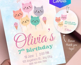 Invitación para fiesta de cumpleaños de gato, tarjeta imprimible editable para niñas, fiesta temática de helado de gatito, etiquetas de agradecimiento adicionales, descarga digital en PDF