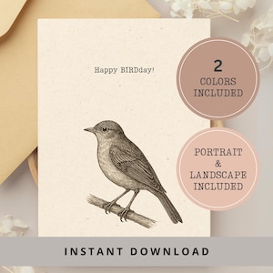 Verjaardagskaart vogel woordspeling illustratie A4-letter afdrukbare verjaardag wenskaart portret landschap vogelaar natuurliefhebber instant download