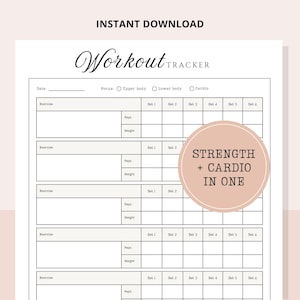 以下が含まれることがあります： エクササイズ、回数、重量を記録するためのスペースがある、印刷可能なワークアウトトラッカー。「Workout Tracker」と「Strength + Cardio in One」の文字が入ったデザイン。このドキュメントは、即時ダウンロード用に設計されています。