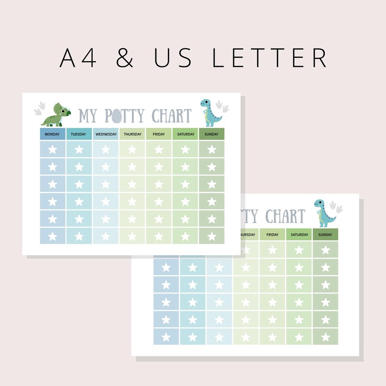Potty training chart printable available in A4 and US Letter paper sizes for easy home or school printing.