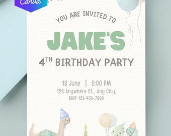 Invitación para fiesta de cumpleaños de dinosaurio, tarjeta imprimible editable para cumpleaños de niño, invitaciones para fiesta con temática pastel, lindo tema de dinosaurio, descarga en PDF de Canva