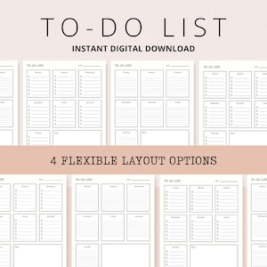 Puede incluir: Una descarga digital con múltiples plantillas de listas de tareas. La imagen muestra varios diseños con secciones para tareas diarias, notas y casillas de verificación. El texto incluye "TO-DO LIST", "INSTANT DIGITAL DOWNLOAD" y "4 FLEXIBLE LAYOUT OPTIONS".
