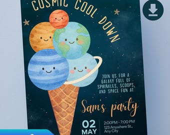 Invitación a fiesta de cumpleaños con tema de helado, tarjeta imprimible editable para niños y adolescentes, plantilla Canva con tema de postre galáctico, descarga de etiquetas en PDF