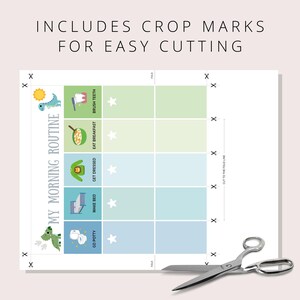 Routine chart printable with crop marks for easy cutting, dinosaur theme morning routine checklist for kids.