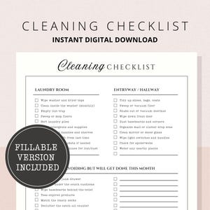 May include: A printable cleaning checklist with sections for the laundry room and entryway/hallway. The checklist includes tasks like wiping appliances, sweeping floors, and tidying up. The words "Cleaning Checklist" and "Instant Digital Download" are at the top.