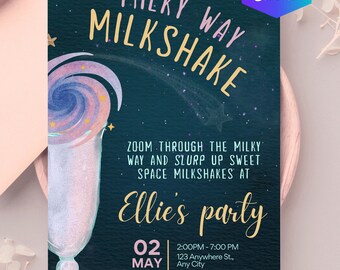 Invitación a fiesta de cumpleaños con batido espacial, tarjeta imprimible editable para niños y adolescentes, tema de galaxia, plantilla Canva en PDF, descarga