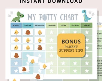 Tabla de entrenamiento para ir al baño imprimible para niños, sistema de pegatinas de recompensa, divertido dinosaurio, niño pequeño, rastreador de rutina de entrenamiento para ir al baño, tabla de entrenamiento para ir al baño preescolar