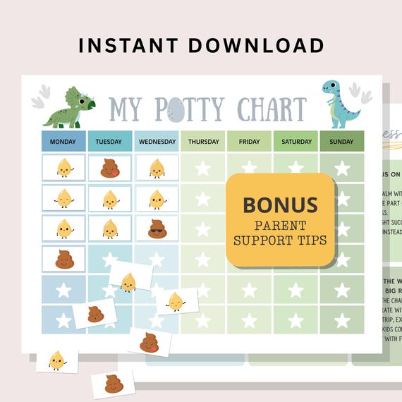 Potty training chart printable for kids reward sticker system fun dinosaur boy toddler potty training routine tracker preschool potty chart