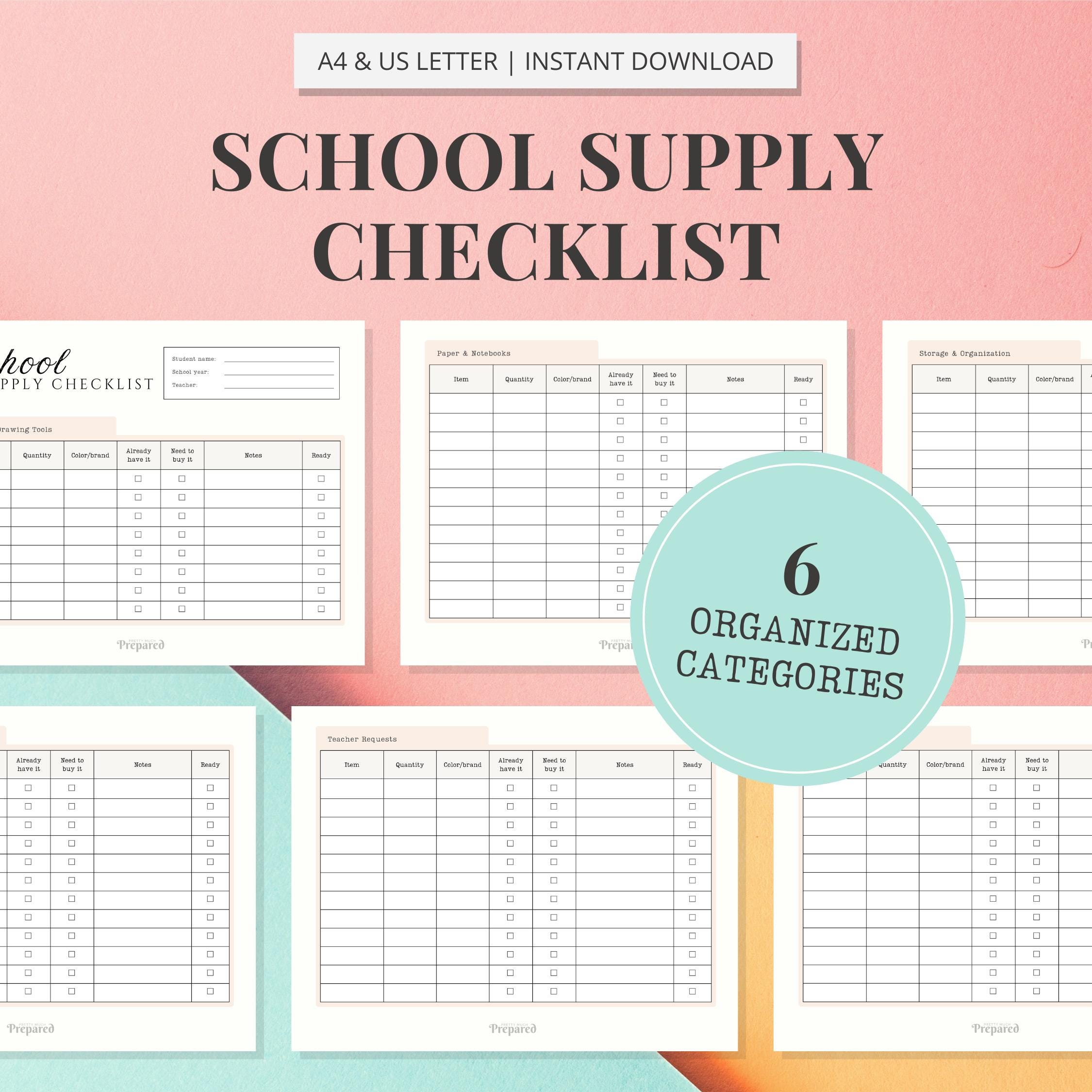 Back to school supplies checklist A4 Letter printable school shopping list parents editable school supply list pdf template digital download