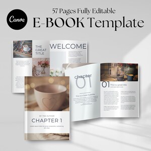 Könnte beinhalten: Eine E-Book-Vorlage mit einer weichen, neutralen Farbpalette. Das Cover zeigt eine Kaffeetasse mit Herzdesign. Die Seiten zeigen Beispieltexte und Titel, darunter "Kapitel 1" und "Willkommen". Die Vorlage ist vollständig editierbar.