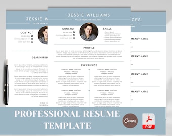 Resume Template Canva with Cover Letter, 1 Page Cv Template Canva + 2 page resume for Canva, Minimalist Resume Professional Cv with photo