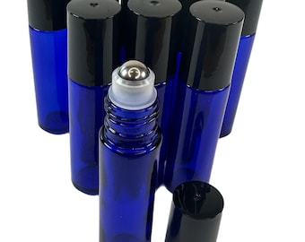 Vivaplex 10ml Roll On Bottles Cobalt Blue Glass Aromatherapy Essential Oils Perfume Black Screw Tops 20mm Diameter 80mm Tall