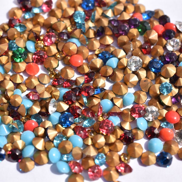 20g Assorted Vintage French Pointed Back Round Crystals Gems Stones Glass Chatons Rhinestones Sizes from SS3 to SS20