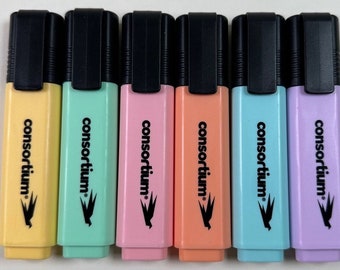 6 Consortium Pastel Highlighter Pens Chisel Tip Multi Coloured
