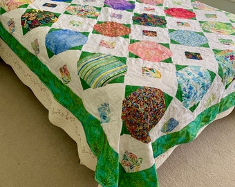 Großer Sommer Garten Quilt Floral Weiß und Grün 240cmx220cm - Handgemacht