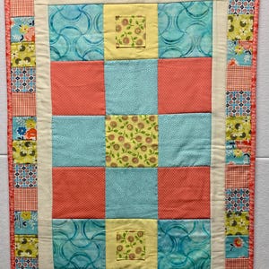 Quilted Small Quilt/Table Topper Coral, Aqua, Yellow - Handmade - 100% Cotton  (98)