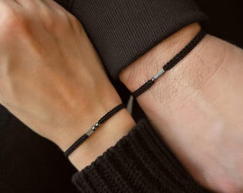 Eerste morsecode paren armband set, gepersonaliseerde bijpassende sieraden voor koppels, partner custom cadeau, zwarte macramé armband met hematiet