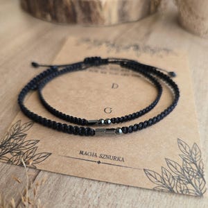 Conjunto de pulseras para parejas con iniciales en código Morse, joyería personalizada a juego para parejas, regalo personalizado para la pareja, brazalete de macramé negro con hematita. imagen 11