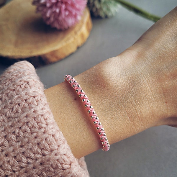 Pink string bracelet macrame with toho beads, Handwoven Boho chic bracelet, Handmade beaded bracelet Minimal stacking bracelet women