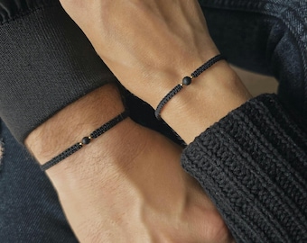 Matching Couple Bracelets, Black Macrame Armband set with Natural Stones, Adjustable Couples Jewelry