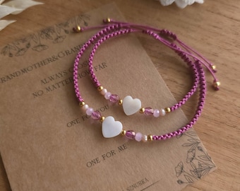 Grandmother Granddaughter Bracelet Set, Grandma Matching Gift, Macrame Bracelets for Family, Jewelry with Heart
