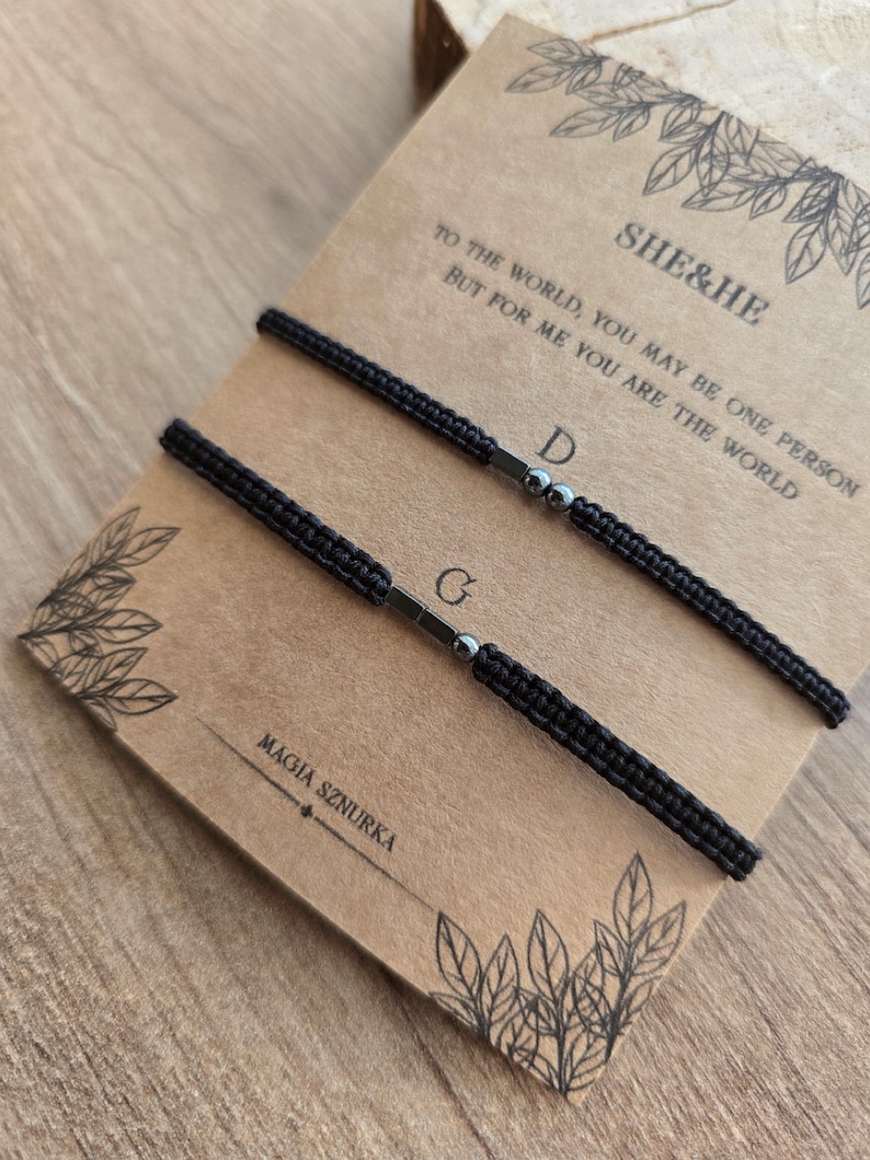 Conjunto de pulseras para parejas con iniciales en código Morse, joyería personalizada a juego para parejas, regalo personalizado para la pareja, brazalete de macramé negro con hematita. imagen 10