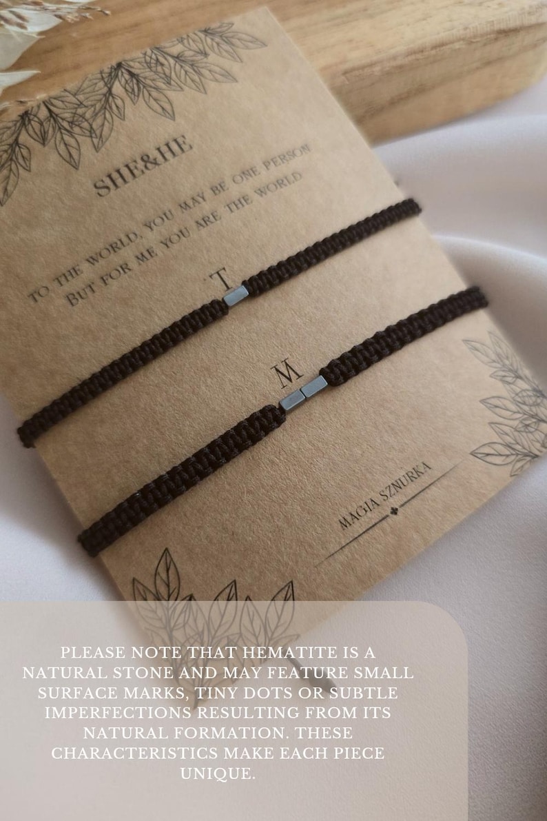 Conjunto de pulseras para parejas con iniciales en código Morse, joyería personalizada a juego para parejas, regalo personalizado para la pareja, brazalete de macramé negro con hematita. imagen 12