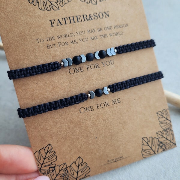 Father and son macrame bracelet set, Matching bracelet for Dad and son, Daddy and child, Family matching gift black beaded agate armband