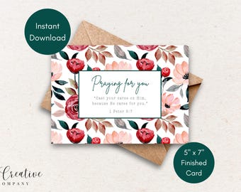 Printable Floral Praying for You Card – 1 Peter 5:7 Bible Verse (Digital Download)