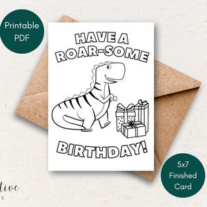 Printable Dinosaur Birthday Card, Birthday Card for Boy, Colorable Card for Kids