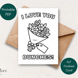 Cartão floral para impressão, cartão faça você mesmo para o Dia das Mães, aniversário ou qualquer ocasião especial, buquê de flores para colorir, "Eu te amo, buquês!"