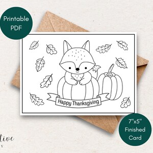 Biglietto di auguri stampabile per il Ringraziamento per bambini, piccola volpe su una zucca, biglietto da colorare