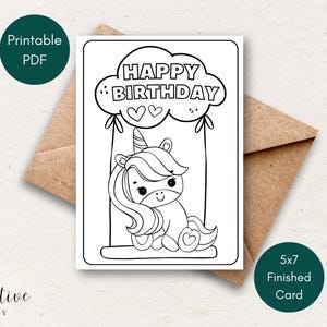 Einhorn Geburtstagskarte für kleine Mädchen, alles Gute zum Geburtstag, färbbare Karte für Kinder