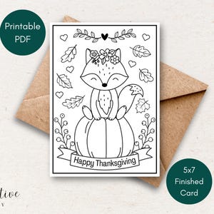 Carte imprimable Happy Thanksgiving pour les enfants, petit renard sur citrouille, carte à colorier