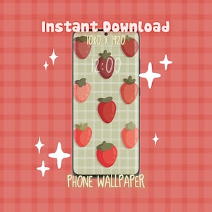 May include: A phone screen with a green background and a grid pattern. The screen displays a clock with the time 12:00 and several red strawberries. The text "Instant Download" and "Phone Wallpaper" are displayed above and below the screen, respectively. The phone is surrounded by white stars on a red and white checkered background.