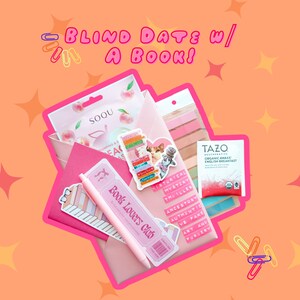 May include: A pink gift set with the text "BLIND DATE W/ A BOOK!". The set includes a pen, stickers, tea, face masks, and a pink envelope. The stickers have book-related themes.