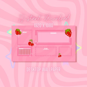 May include: Pink desktop wallpaper with a 1920 x 1080 resolution. The wallpaper features a calendar, to-do list, notes, and programs sections. Each section is decorated with a strawberry or cherry illustration. The text "Instant Download" is at the top of the wallpaper.