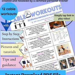 May include: A printable PDF guide for a full body cable workout with 12 exercises. The guide includes step-by-step instructions, pictures, and video links for each exercise. The guide is created by a certified personal trainer.