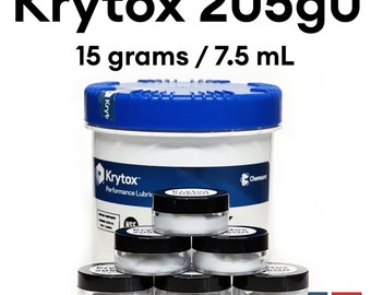 May include: Krytox 205g0 Performance Lubricant, 15 grams / 7.5 mL, in a white jar with a blue lid.  There are six smaller jars of Krytox lubricant.