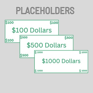 Money Placeholders | 100 Dollar | 500 Dollar | 1000 Dollar | Cash Stuffing Placeholders