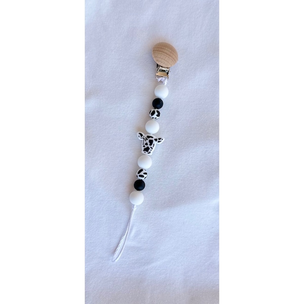 Cow Pacifier Holder/Clip with Wooden Clip